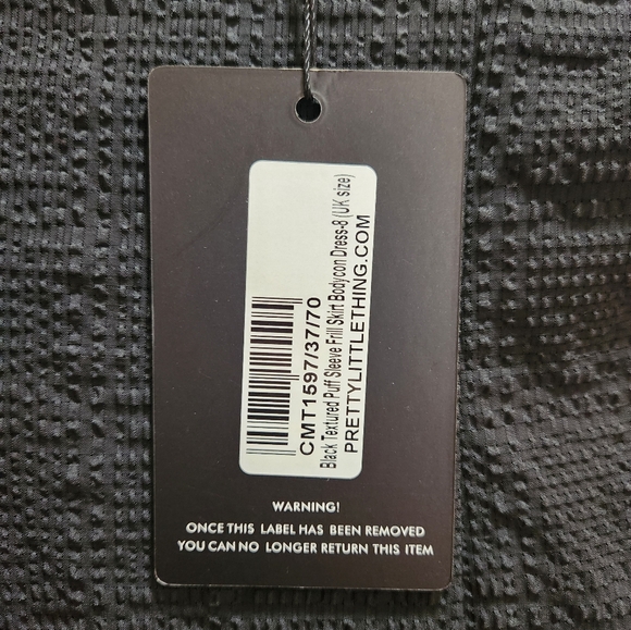 Pretty Little Thing Black Textured Puff Sleeve Frill Skirt Bodycon Dress - Picture 9 of 9